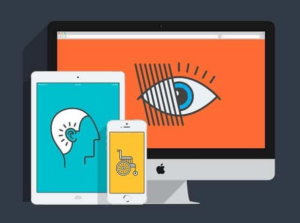 digital illustration of a desktop computer, a tablet, and a smartphone, each with a different accessibility icon on the screen