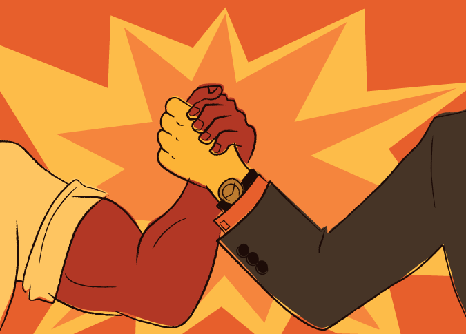 comic book style illustration of two men's arms locked together in an arm wrestling match