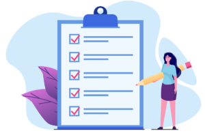 digital illustration of a woman holding an oversized pencil, standing next to a large clipboard with a completed checklist on it