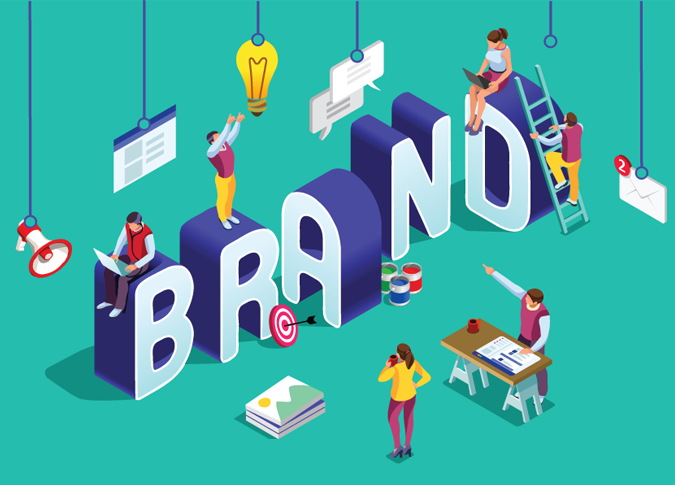 digital illustration of the word BRAND with people adding various icons to it, symbolizing all that goes into building a brand