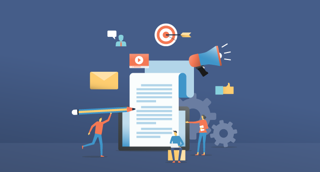 a digital illustration of a team of three people writing content on an oversized notepad surrounded by various marketing icons