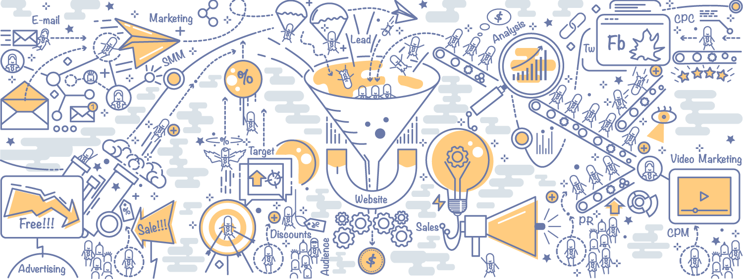 a busy digital illustration showing all the different components that contribute to driving consumers from the top of the marketing funnel to the bottom