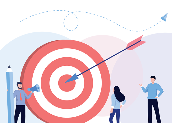 illustration of a marketing team standing around an arrow through a target
