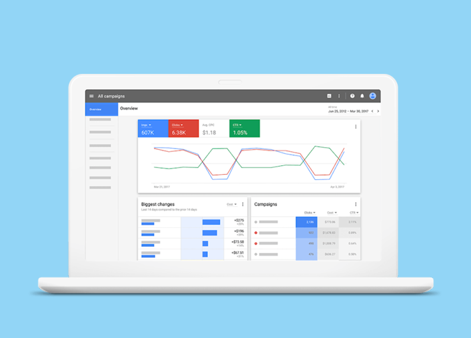 illustration of a laptop computer with the google ads user interface on the screen