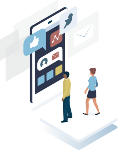 illustration of a man and a woman standing in front of a larger-than-life smartphone with various message bubbles on the screen