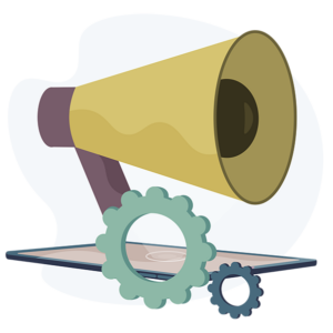 illustration of a large megaphone coming out of a tablet screen