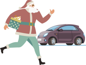 illustration of santa claus running with a wrapped gift to a car