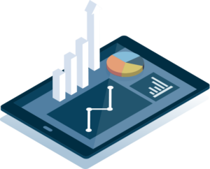 illustration of a tablet with various statistical charts on the screen
