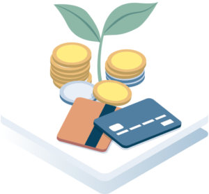 illustration of a small seedling growing out of a stack of coins and credit cards