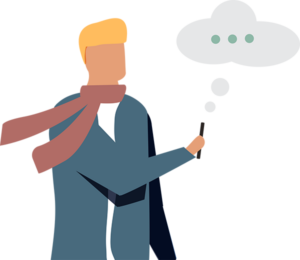 illustration of a blond man wearing a red scarf and holding his smartphone in front of him waiting for a message