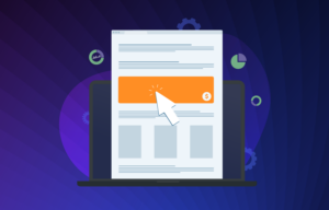 simple digital illustration of a laptop computer with the screen enlarged to show various sized content blocks with an orange ad block in the middle