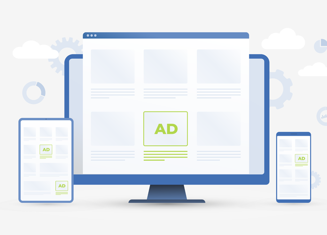 illustration of a desktop computer, a tablet, and a smartphone, all with content boxes on the screens and one box that says, "ad"