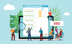 digital illustration of marketers working on seo tasks on a very large, over-sized laptop computer