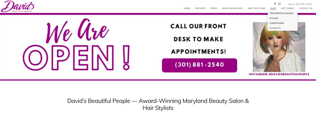 screenshot of a beauty salon website with shopify shop tab