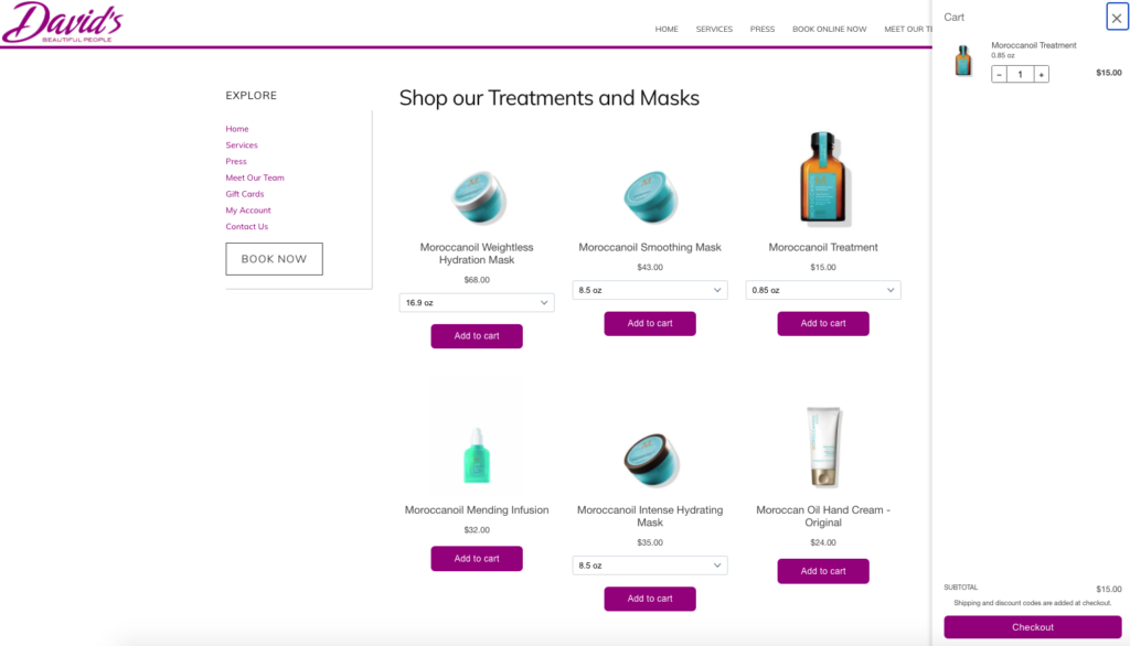 screenshot of a hair products on a beauty salons's website