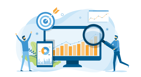 illustration of two people holding a magnifying glass up to computer and smartphone screens, symbolizing search engine optimization