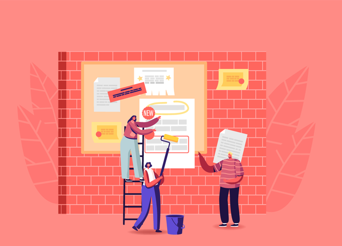 digital illustration of three people pasting flyers and advertisements on a large bulletin board mounted on a brick wall