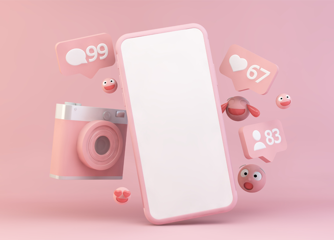 digital illustration of a pink smartphone with matching pink social media symbols and icons surrounding it