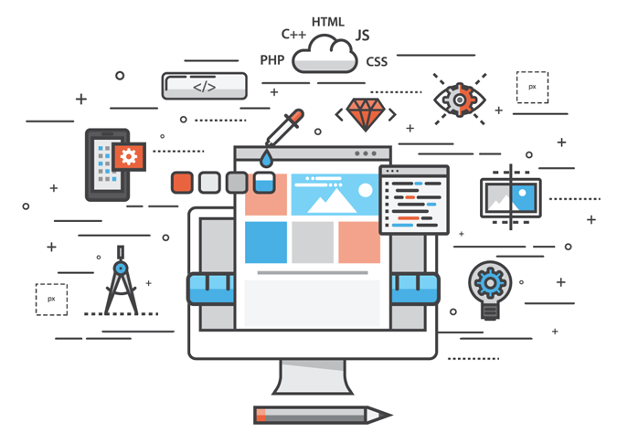 simple digital illustration of a desktop computer with icons of elements of web design surrounding it