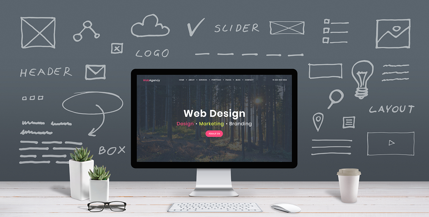image of a computer on a desk with a simple screen and the words "web design" on the screen, all surrounded by words relating to web development
