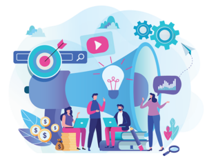 illustration of a small marketing team with various icons behind them representing the many facets that go into marketing