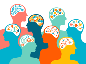 simple illustration of people's silhouettes from the shoulders up, each with a different icon where their brain would be, illustrating their different ways of thinking