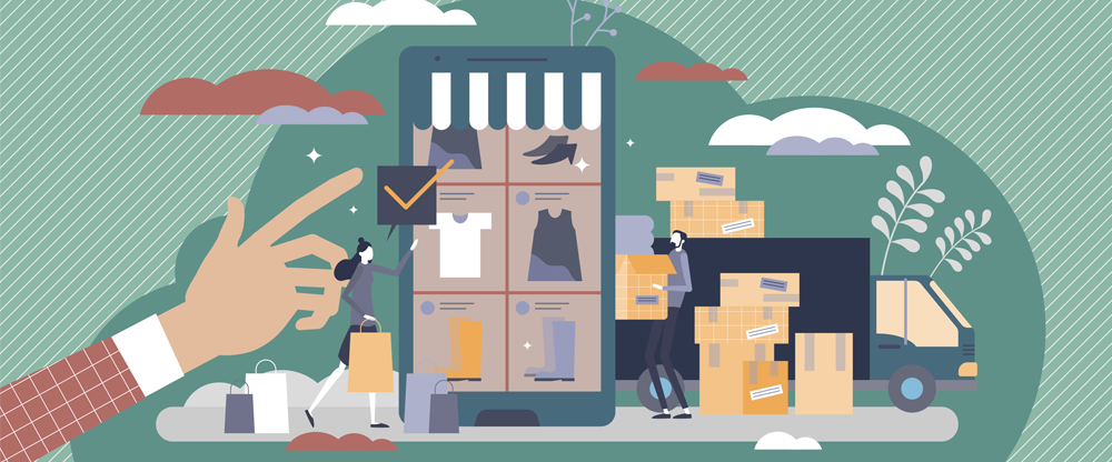 digital illustration of a hand pointing to a smartphone with various shopping icons surrounding it