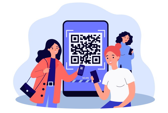 Cartoon Women in Front of QR Code