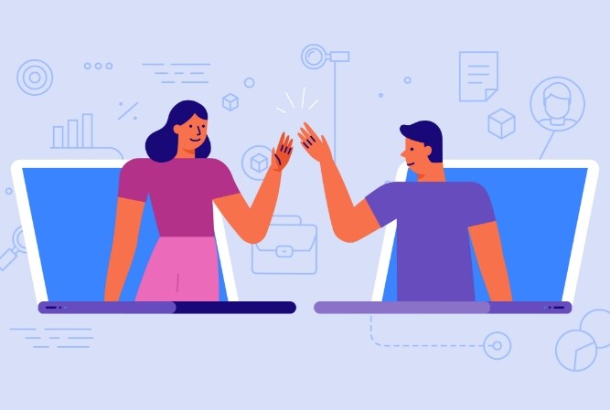 vector illustration of two people shaking hands through their computer screens