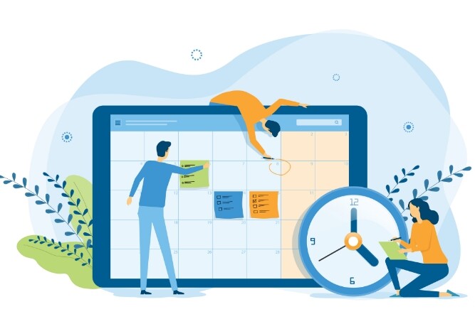 vector illustration of people interacting with a wall-sized calendar