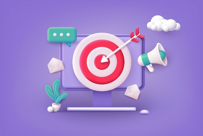 a target with an arrow in the bullseye in front of a purple background