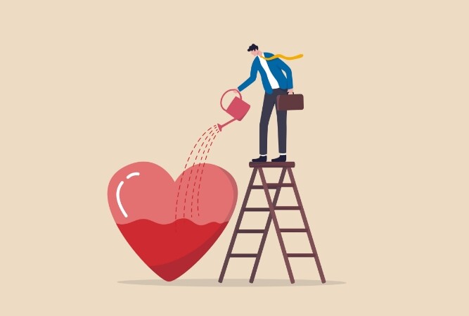 illustration of a man in work clothes standing at the top of a ladder, pouring liquid into a large heart-shaped container