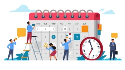 illustration of a group of people working on a large calendar