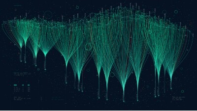 visual depiction of neural network cloud computing, multitudes of vertical green lines converge at several points below