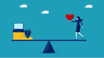 an illustration of a woman standing on one end of a balanced scale, with a work computer and coins on the other end