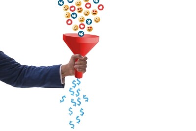 a man's arm holds a funnel, with social media like and love buttons going in one end and dollar signs exiting