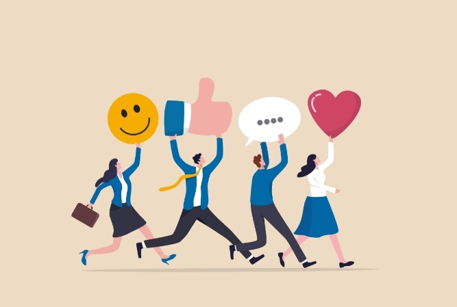 illustration of 4 business people each carrying a social media emblem