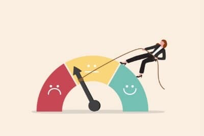 quality rating drawing of a woman on a giant meter, dragging the dial from sad to happy