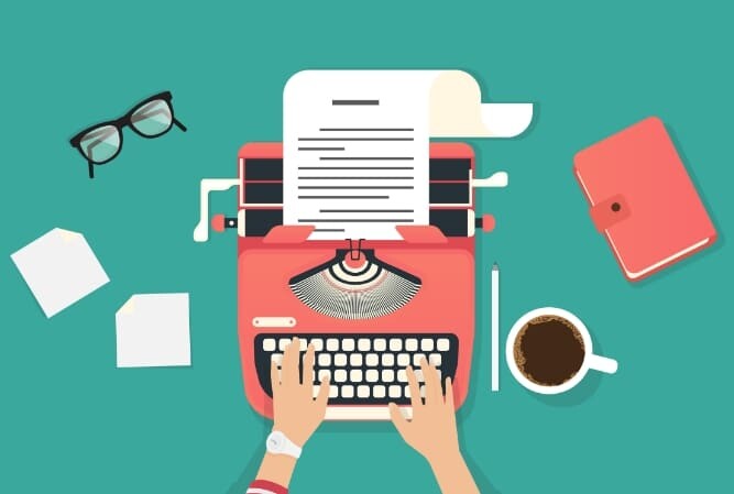 illustration of a top-down view of hands working on a typewriter