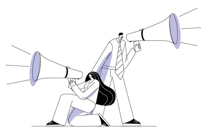 A man and a woman are shouting through megaphones