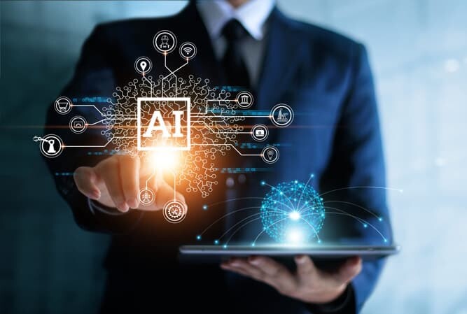Businessman touching the brain working of Artificial Intelligenc