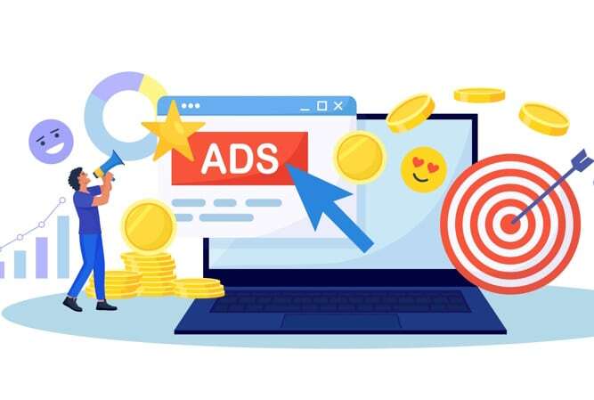 Pay Per Click concept. Tiny characters standing near laptop screen with cursor clicking on ad button