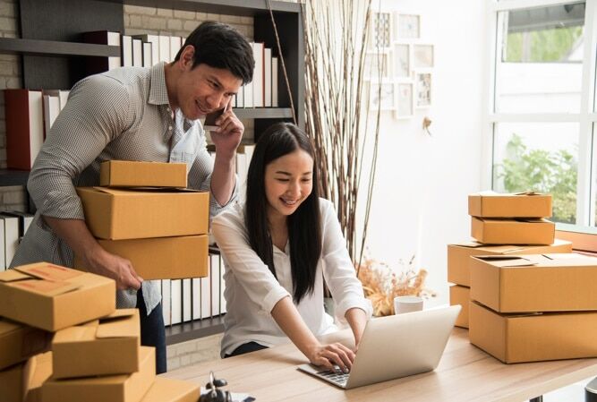 Couple organizing their start-up online