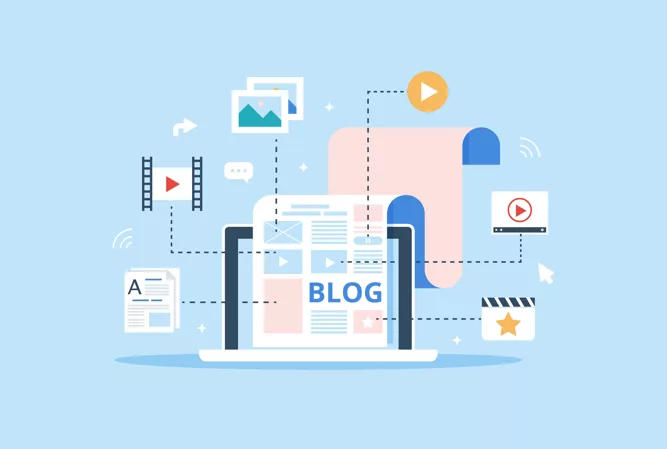 The blog page fill out with content. Articles and media materials uploading process. Blogging, Content Management and SMM concept in flat design.