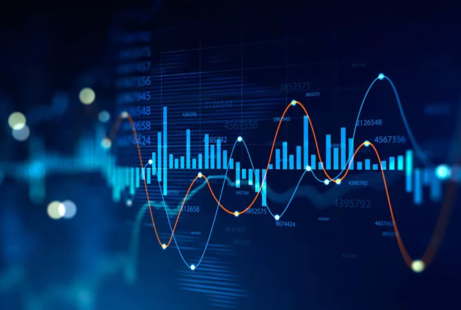 Analytics charts with layered line curves and positive negative bar graphs.