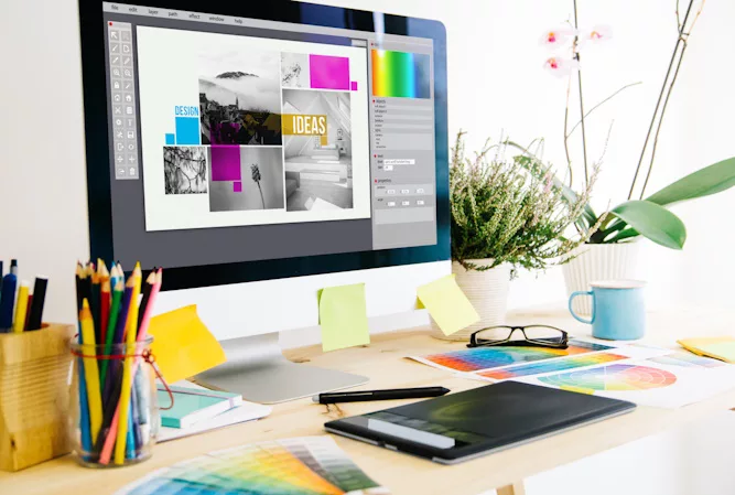 desk with design notes and tools