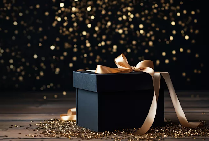 black gift box with gold bow and glitter