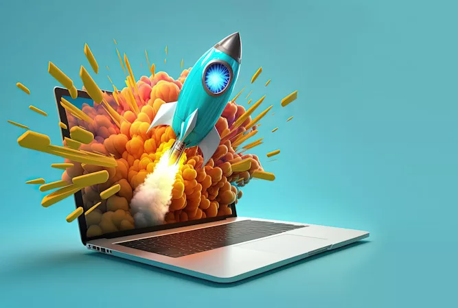 Laptop and rocket flying