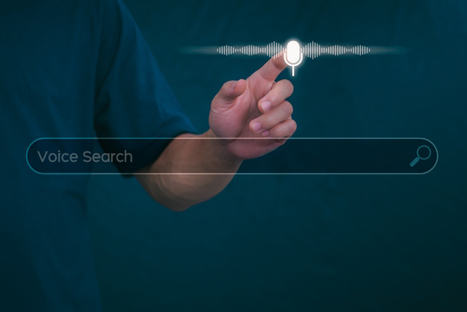 man tapping voice search graphic